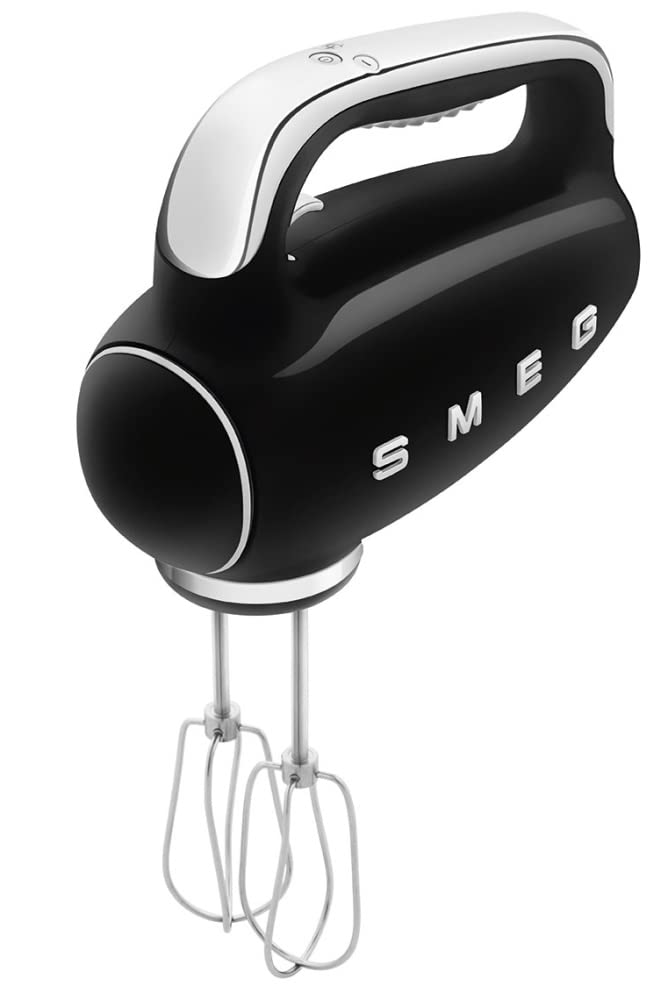 Black hand mixer with 'Smeg' branding on a white background