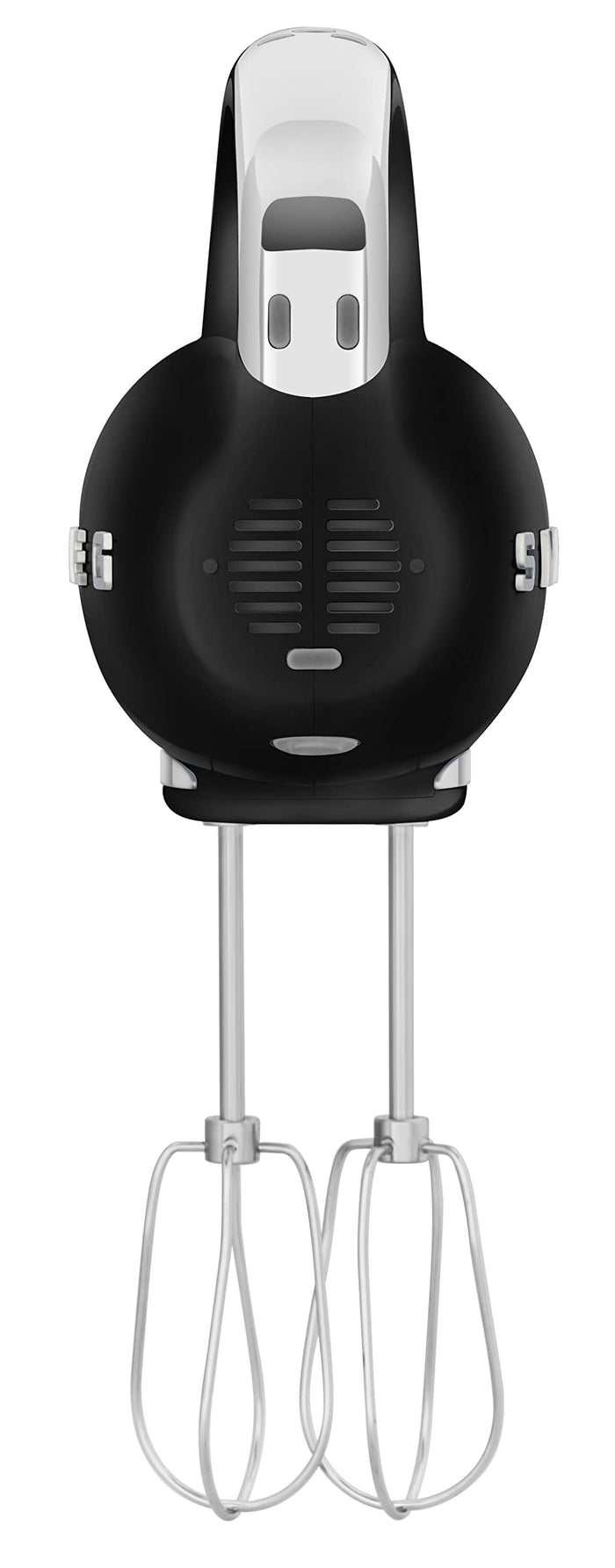Black hand mixer with attachment on a white background