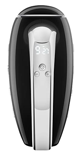 Top view of black and silver hand mixer with digital display on a white background