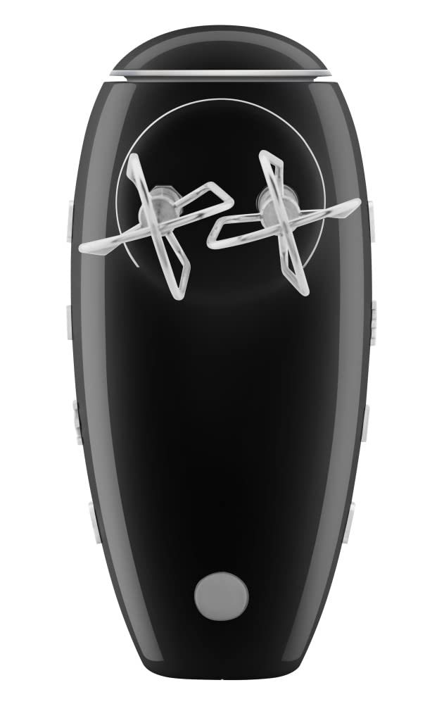 Bottom view of black hand mixer displayed on a white background