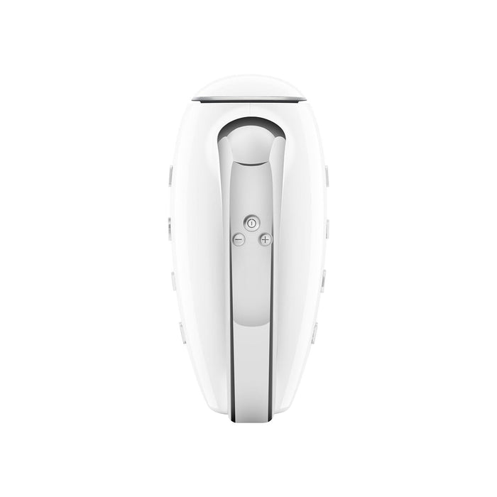 Top view of Smeg white hand mixer with control panel displayed on a white background