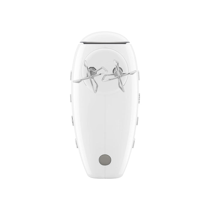 Bottom view of white Smeg hand mixer displayed on a white background