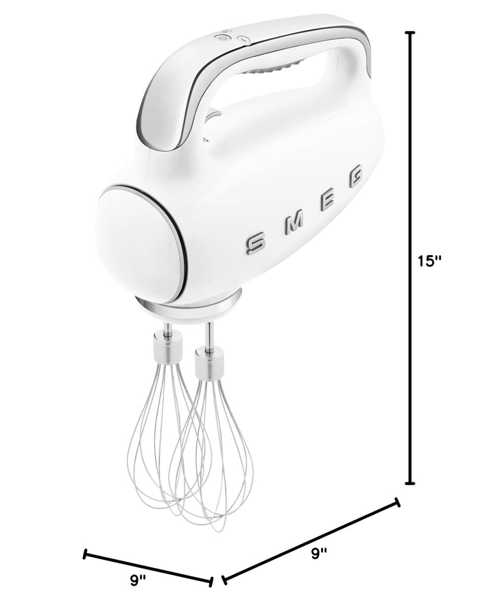 White Smeg hand mixer with whisk attachment and measurement details on a white background