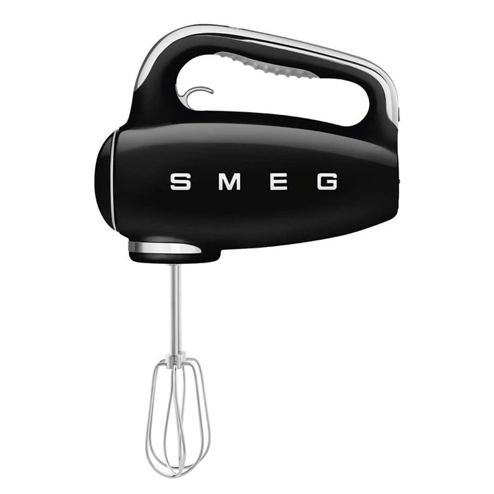 Front view of black Smeg 50s retro line hand mixer with whisk attachments displayed on a white background
