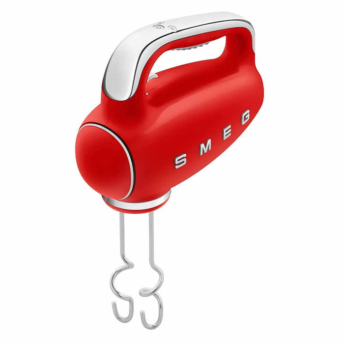 Red Smeg 50s retro line hand mixer displayed on a white background