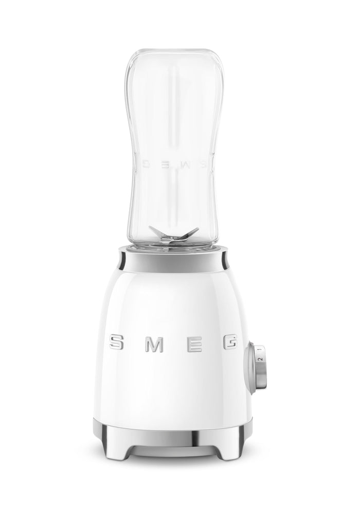 Front view of white Smeg 50s retro personal blender displayed on a white background
