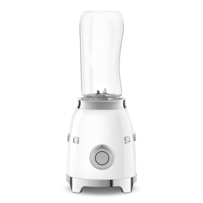 Side view of white Smeg 50s retro personal blender displayed on a white background