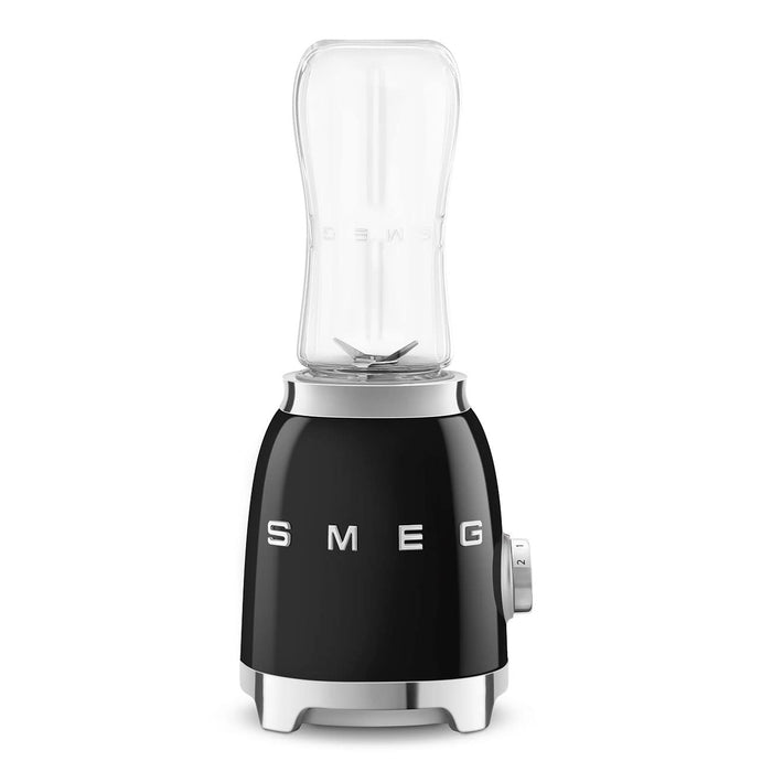 Front of black Smeg retro line personal blender on a white background