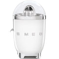 Front view of white Smeg 50s retro line citrus juicer displayed on a white background
