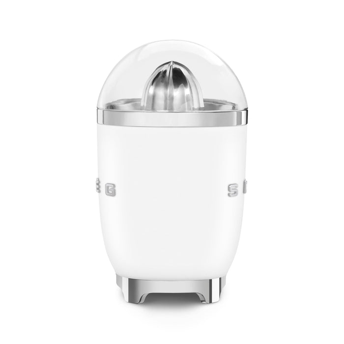 Side view of white Smeg 50s retro line citrus juicer displayed on a white background