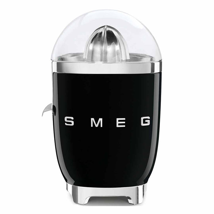Front view of black Smeg 50s retro line citrus juicer displayed on a white background