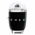 Front view of black Smeg 50s retro line citrus juicer displayed on a white background