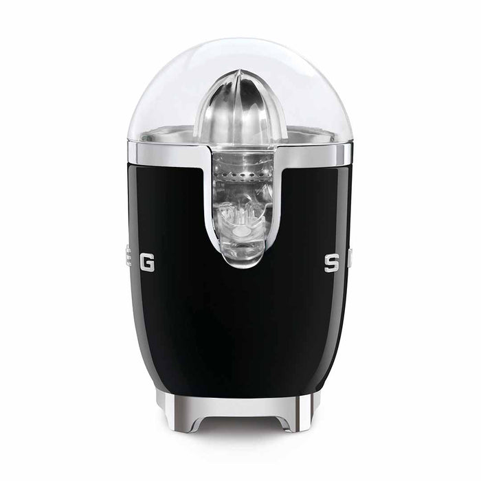 Side view of black Smeg 50s retro line citrus juicer displayed on a white background