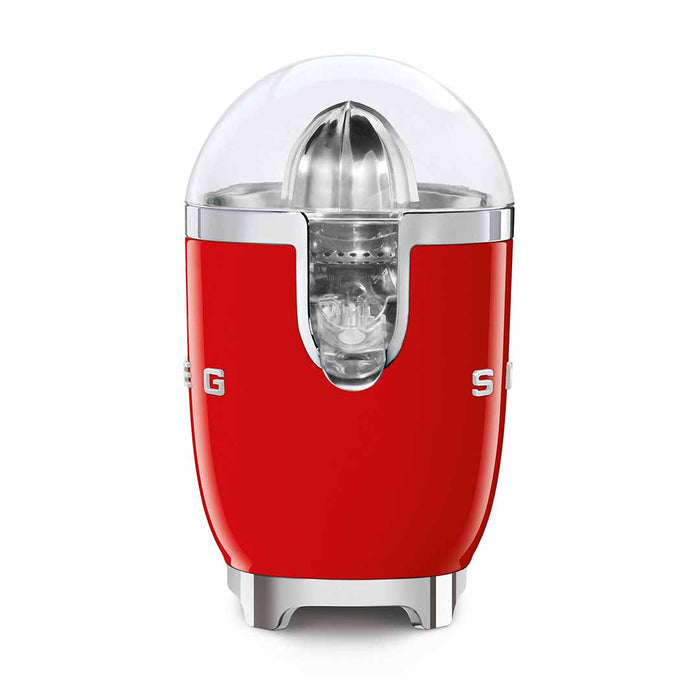Side view of red Smeg 50s retro line citrus juicer displayed on a white background