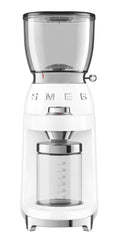 Front view of white Smeg 50s retro line coffee grinder displayed on a white background