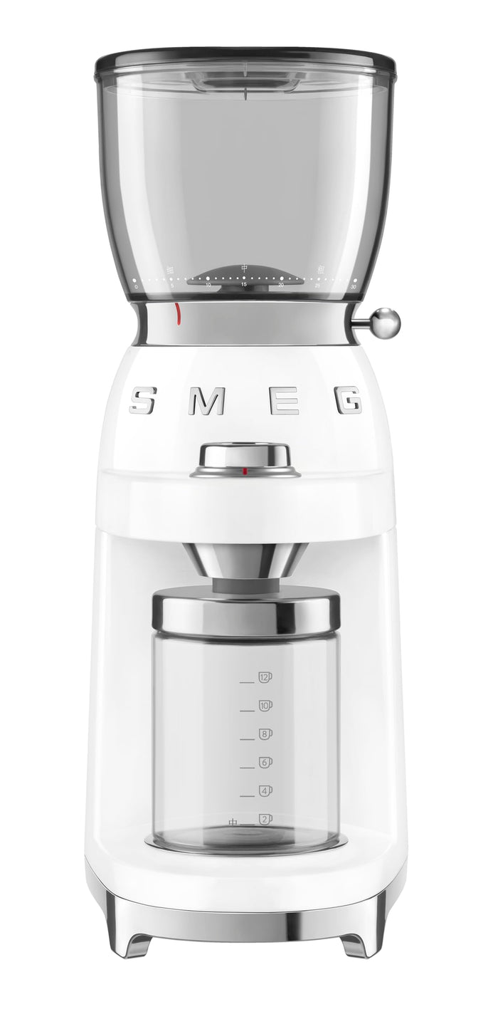 Front view of white Smeg 50s retro line coffee grinder displayed on a white background