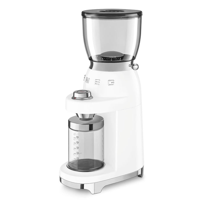 White Smeg 50s retro line coffee grinder displayed on a white background