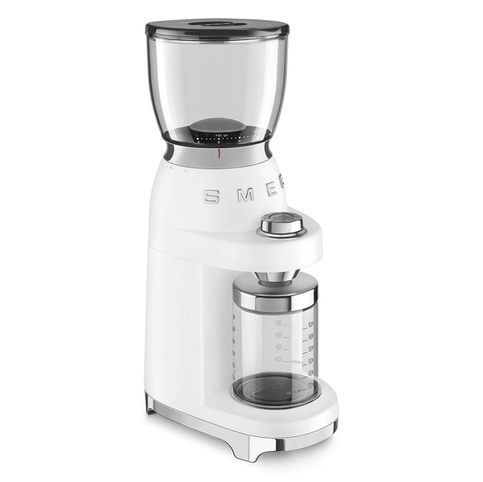 White Smeg 50s retro line coffee grinder displayed on a white background