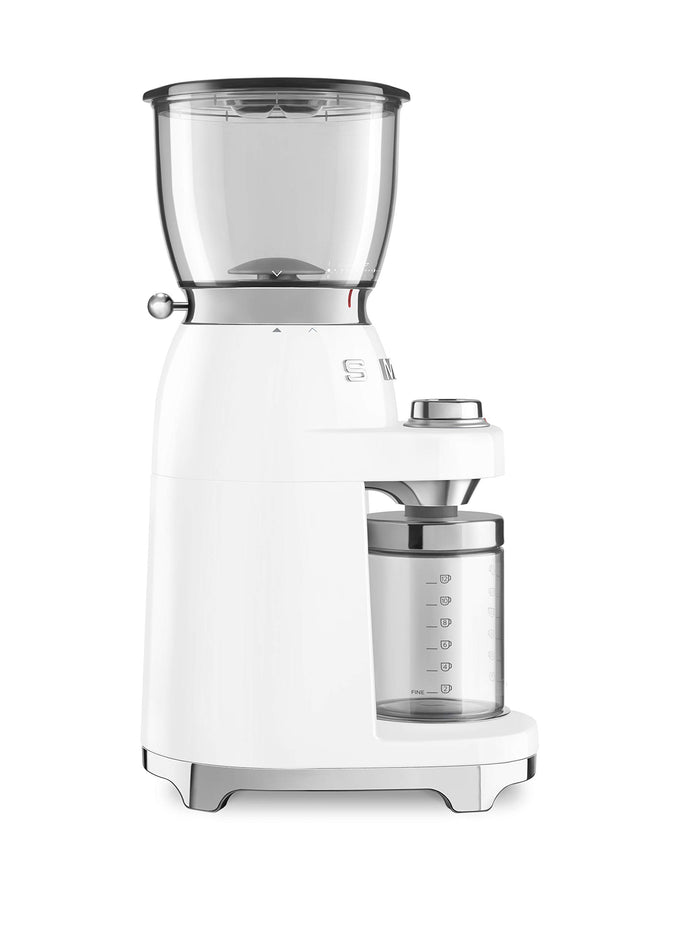 side view of white Smeg 50s retro line coffee grinder displayed on a white background