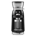 Front view of Black coffee grinder with glass container on a white background