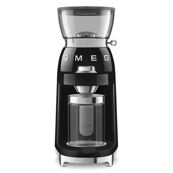 Front view of Black coffee grinder with glass container on a white background