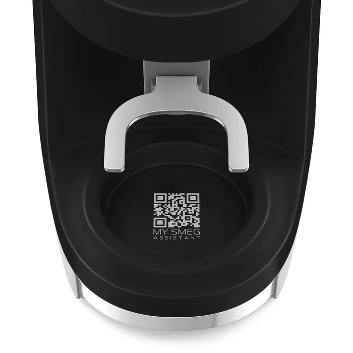 Black coffee machine with a silver handle and QR code on a white background