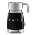 Front view of black Smeg milk frother with silver top on a white background
