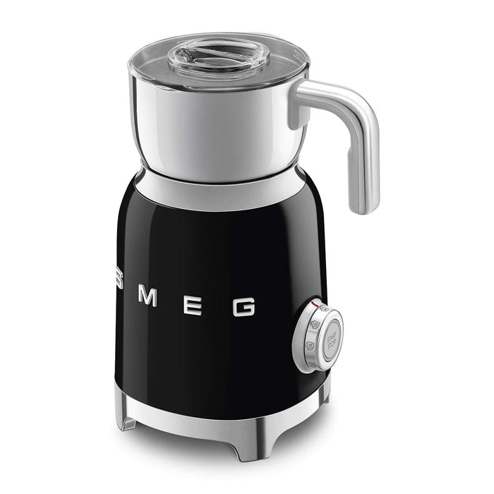 Black Smeg milk frother with silver top displayed on a white background