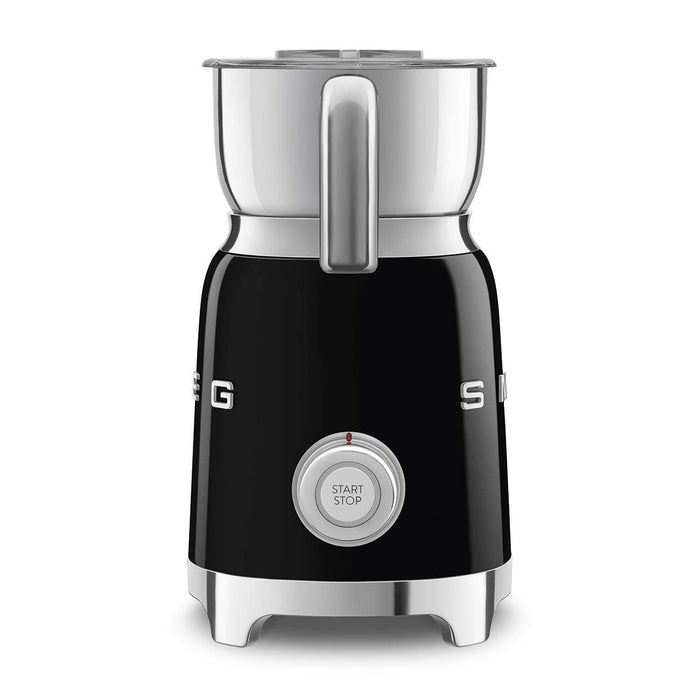 Side view of black Smeg milk frother with silver top and control dial displayed on a white background