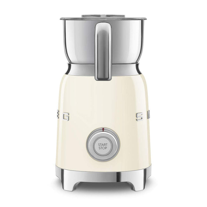 Side view of cream Smeg 50s retro line milk frother with a control dial displayed on a white background
