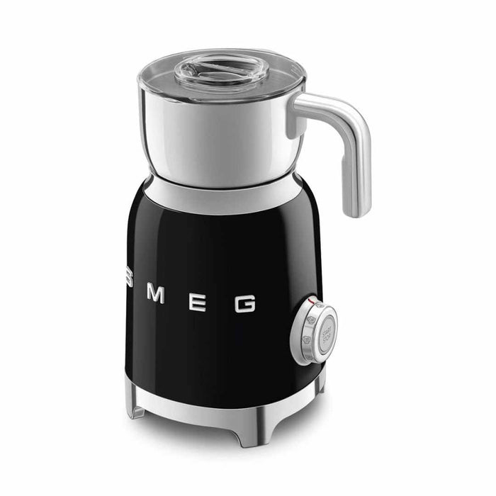 Black Smeg 50s retro line milk frother displayed on a white background