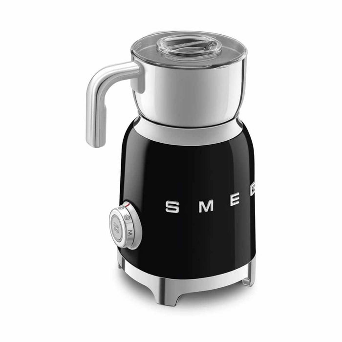 Black Smeg 50s retro line milk frother displayed on a white background