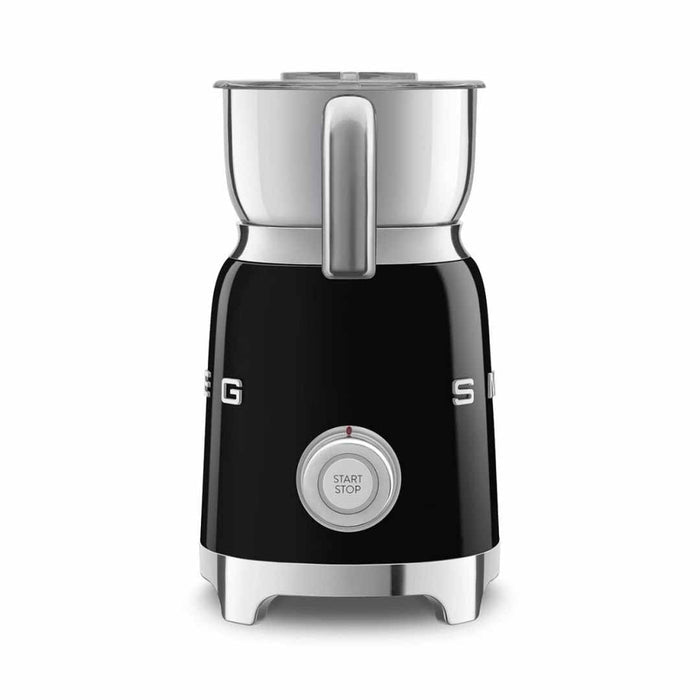 Side view black Smeg 50s retro line milk frother with a control dial displayed on a white background