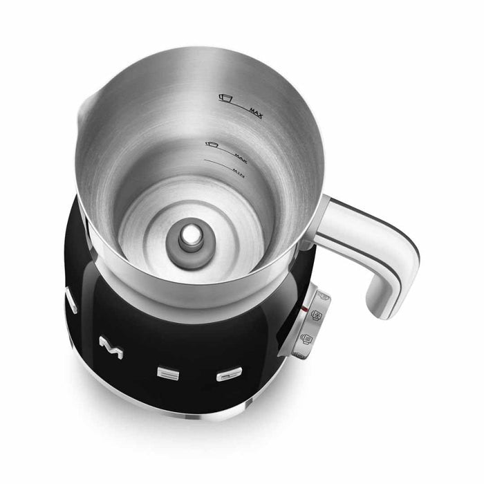 Top view of black Smeg 50s retro line milk frother displayed on a white background
