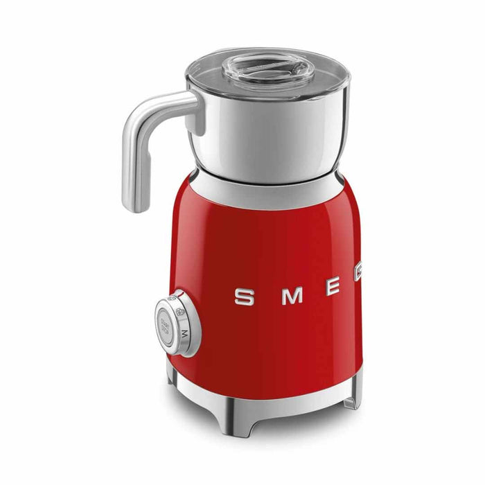 Red Smeg 50s retro line milk frother displayed on a white background