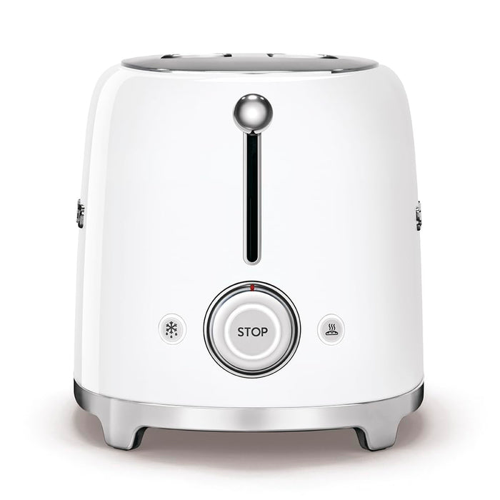 Side view of White toaster with a central control knob on a white background