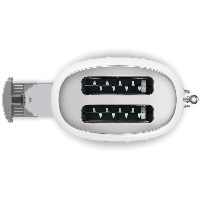 Top view of white Smeg toaster with draw open displayed on a white background