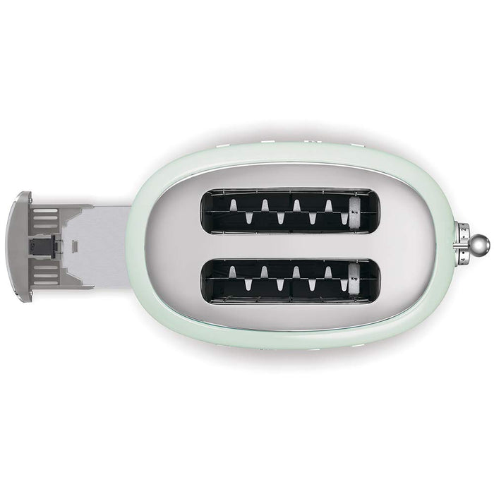 Top view of two-slot toaster with a light green casing with a drawer open on a white background