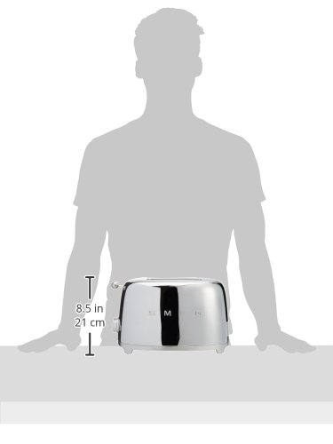 Stainless steel Smeg toaster with size measurement against a silhouette of a person