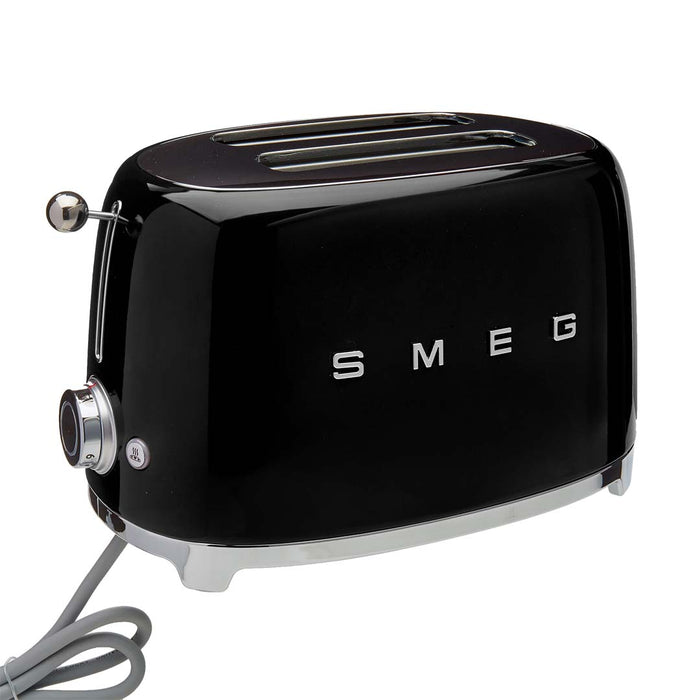 Black 2 slice Smeg 50s retro style electric toaster displayed on a white background
