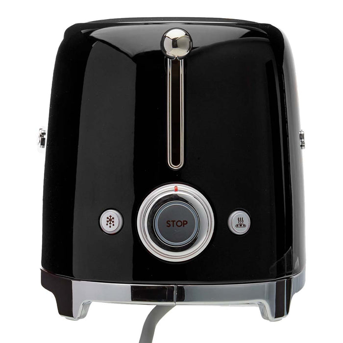Front view of black 2 slice Smeg 50s retro style electric toaster with control dial displayed on a white background