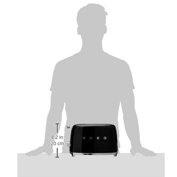 Grayed out figure standing behind black 2 slice Smeg 50s retro style electric with dimensions displayed on a white background