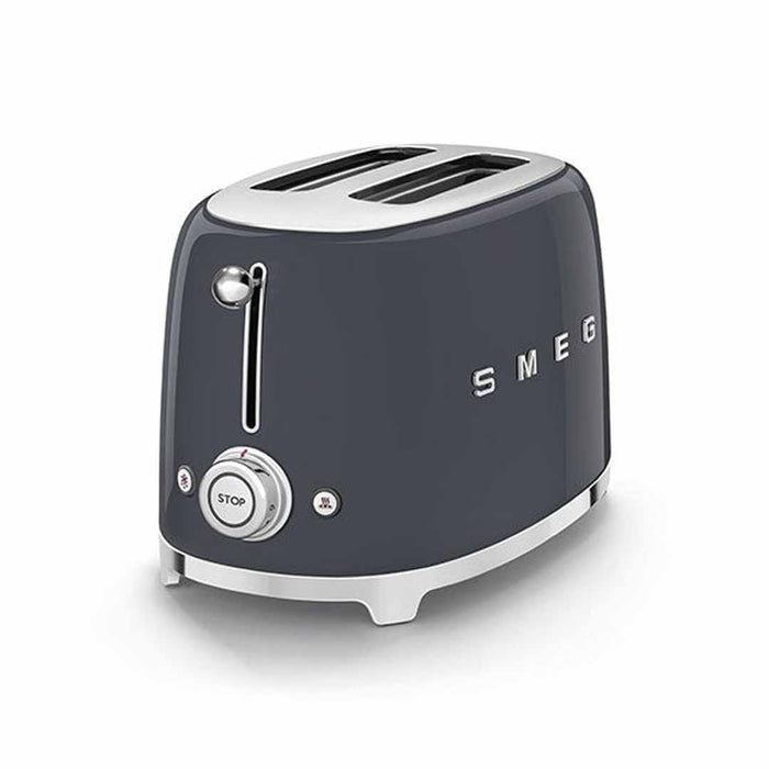 2 slice Gray Smeg 50s retro style toaster displayed on a white background