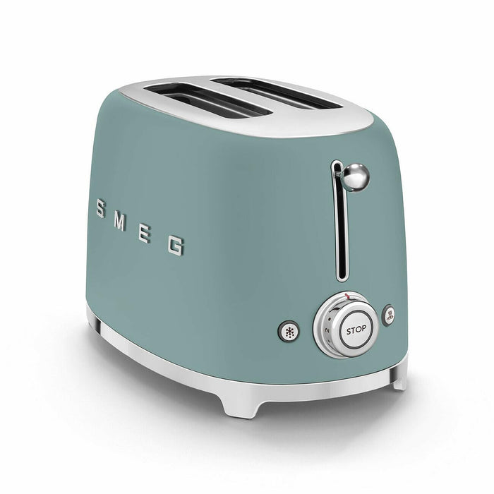 Jade Smeg retro style electric two slice toaster on a white background