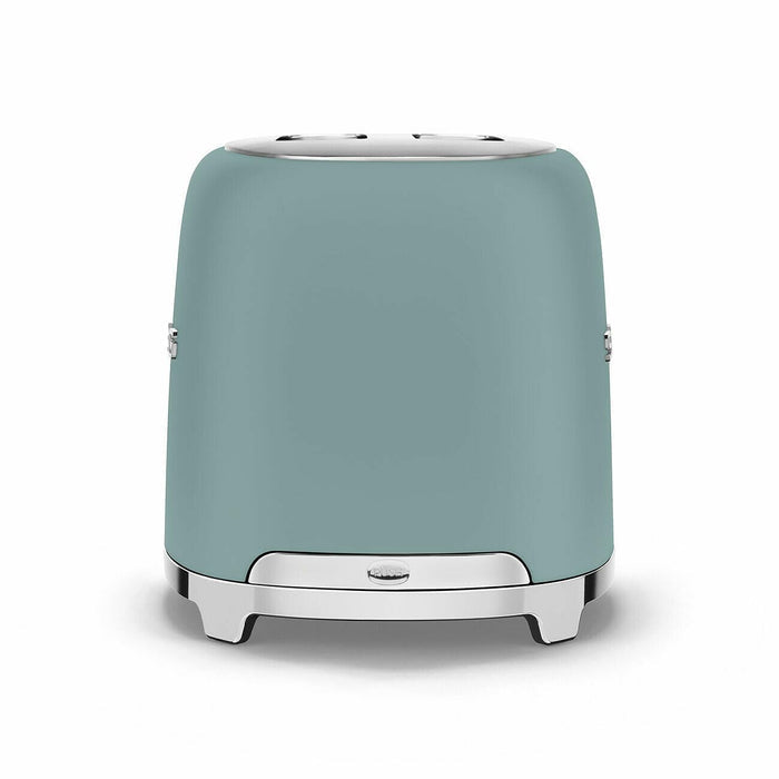 Back view of jade Smeg retro style electric two slice toaster on white background