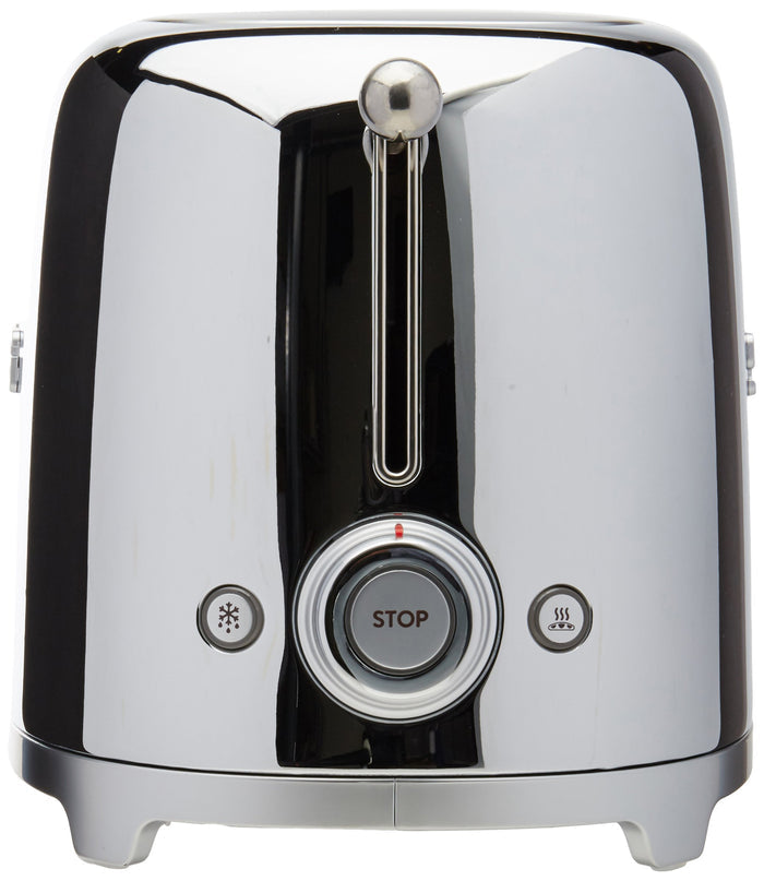 Side view of Stainless Steel toaster with 'Smeg' branding and a control dial on a white background
