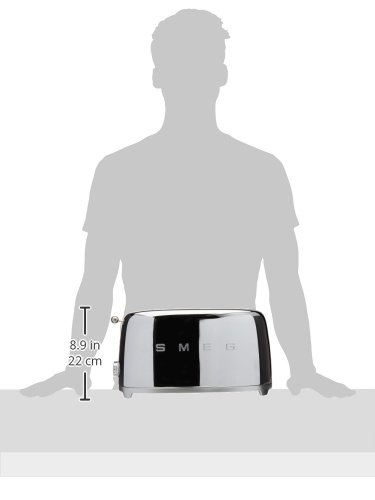 Stainless Steel Smeg toaster with a silhouette of a person for scale on a white background