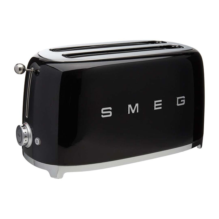 Black 4 slice Smeg 50s retro style electric toaster displayed on a white background