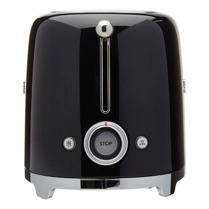 Front view of black 4 slice Smeg 0s retro style electric toaster with control dial displayed on a white background