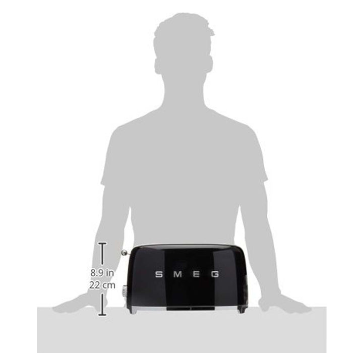 Grayed out figure standing behind black 4 slice Smeg 50s retro style electric with dimensions displayed on a white background